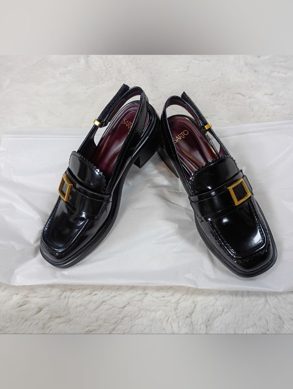 Franco Sarto Black Patent Slingback Loafers with Gold Buckle Accent Size 6.5 - Picture 3 of 11